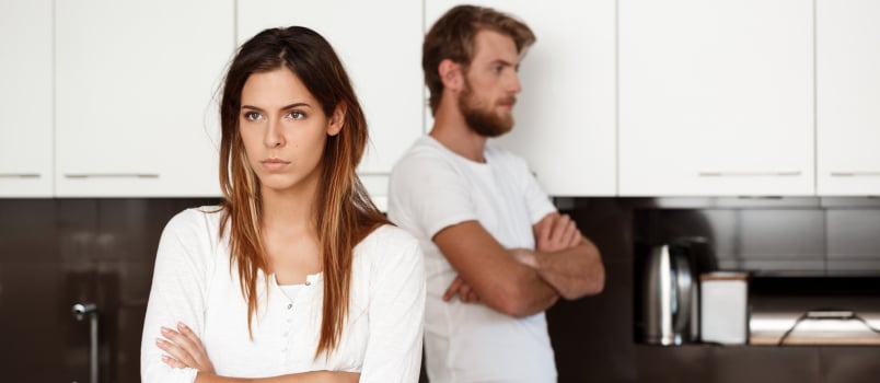 Displeased Beautiful Brunette Girl Quarrel With Her Boyfriend