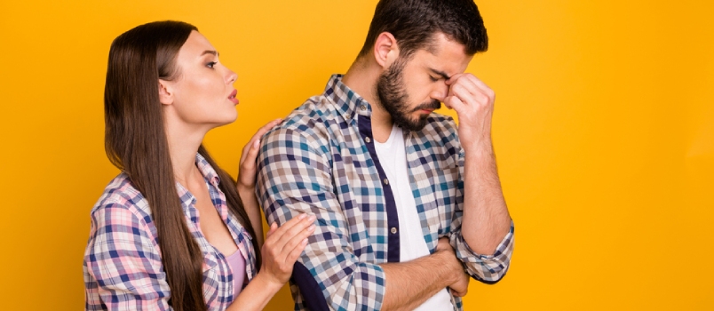 Photo Attractive Lady Handsome Guy Couple Girlfriend Say Wrong Words Ask Forgiveness Beloved Boyfriend Hold Nose Bridge Wear Casual Plaid Shirts Jeans Isolated Yellow Color Background