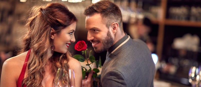 Man Give Rose to Girlfriend in the Valentine's Evening