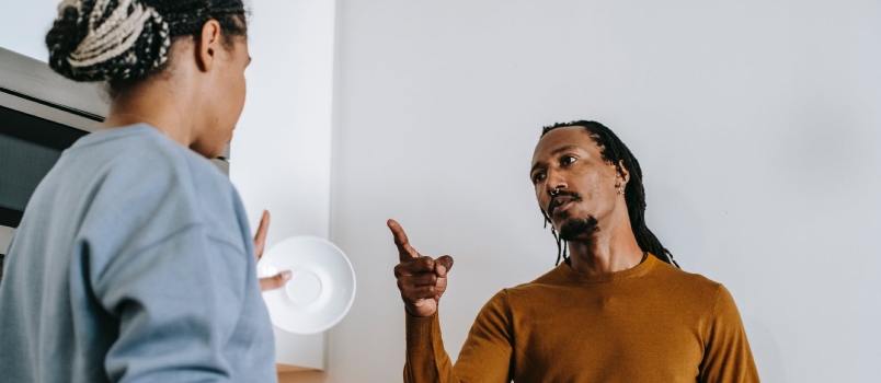 Black Guy Pointing Finger On Women Abusing And Waring Conflict Relationship Concept Or Violence