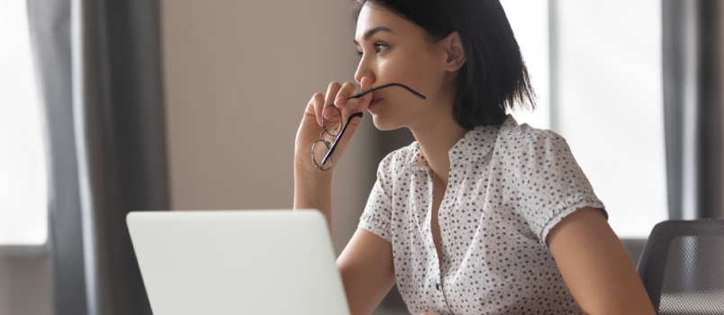 Thoughtful Anxious Asian Business Woman Looking Away Thinking Solving Problem At Work, Worried Serious Young Chinese Woman