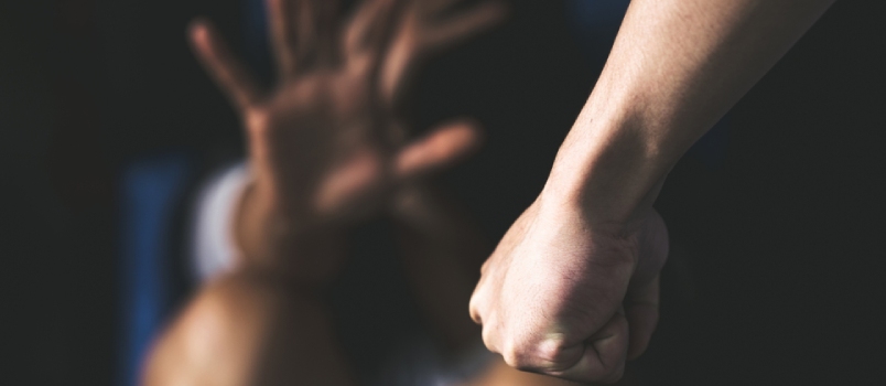 Aggression In The Family, Man Beating Up His Wife. Domestic Violence Concept