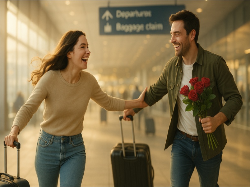 Happy couple meeting at the airport