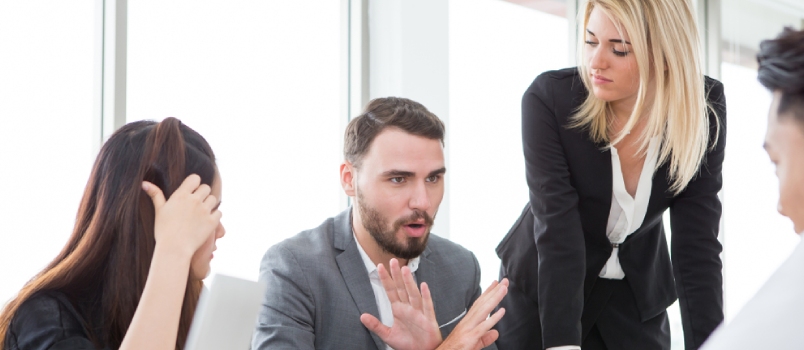 Business Man Presenting And Disagree Sign In Meeting Room . Group Of Young Business People Brainstorming Together In Office