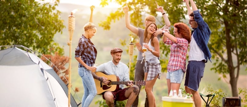 Group Young People Dancing And Rejoicing In Forest