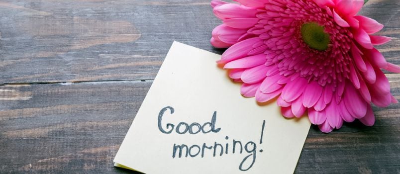 Gerbera Flower and Piece of Paper With Text "Good Morning" on the Wooden Table Close-up