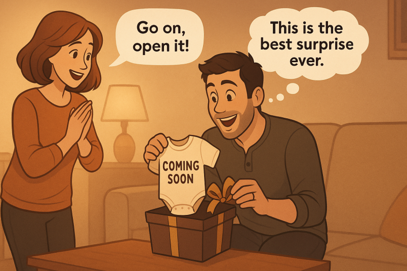 Woman gifting her partner onesie to announce big news