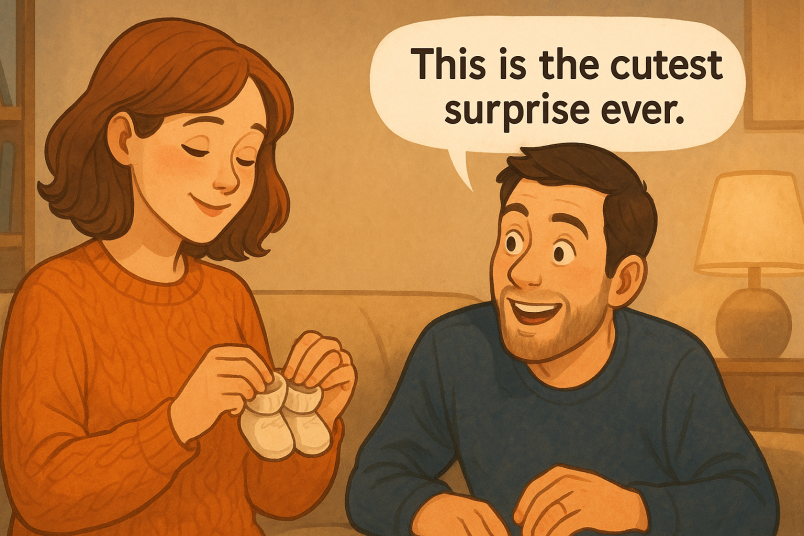 Woman surprising her husband with baby shoes