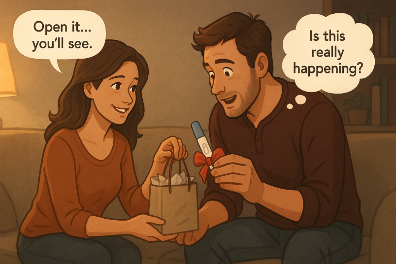 Woman surprising her partner with positive test result