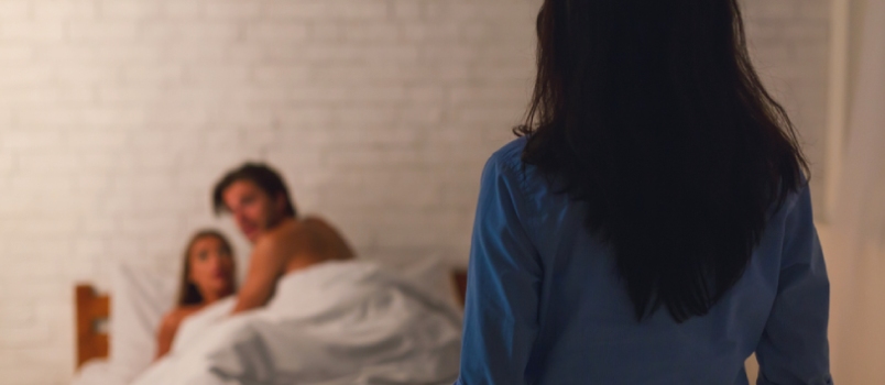 Wife Catching Cheating Husband With Mistress in Bed Making Love at Home