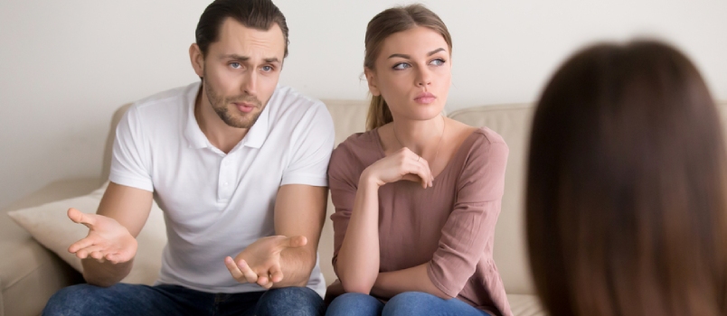 Portrait of Unhappy Couple Talking to Marriage Counselor Before Breaking Up, Consulting Family Relationships Expert