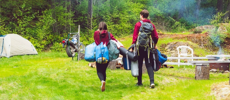 Couple Motorbike Fire Camping Camp Outdoor in Forset Somewhere