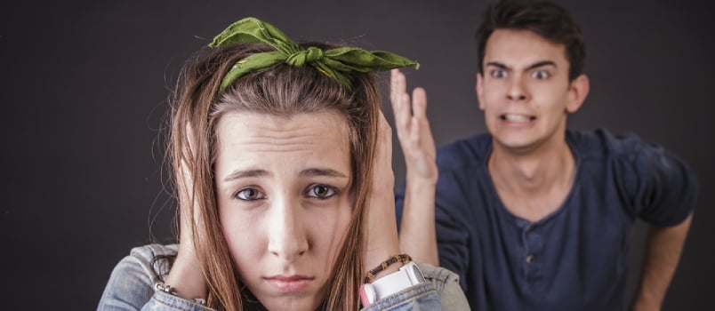 Young Couple Arguing, Boyfriend Shouting and Abusing His Terrified Girlfriend