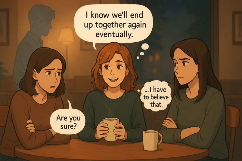 Hopeful woman telling friends