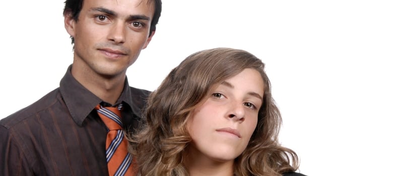 Young Couple Together Portrait Isolated on White, Focus on the Woman