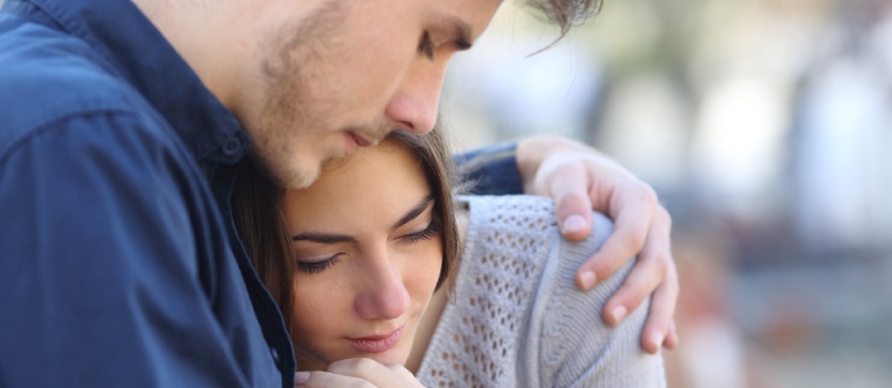 Happy Loving Couple Men Hugging Wife and Supporting