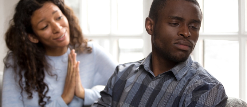 Guilty African American Woman Apologizing Black Husband Sulking Refusing to Make Peace After Fight