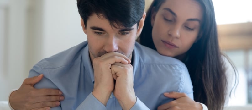 Head Shot Compassionate Young Woman Giving Psychological Support Help to Thoughtful Stressed Beloved Man in Hard Life Situation