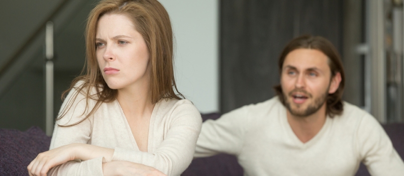 Offended Affronted Woman Ignoring Angry Man Sitting Her Back to Jealous Husband Shouting at Frustrated Wife