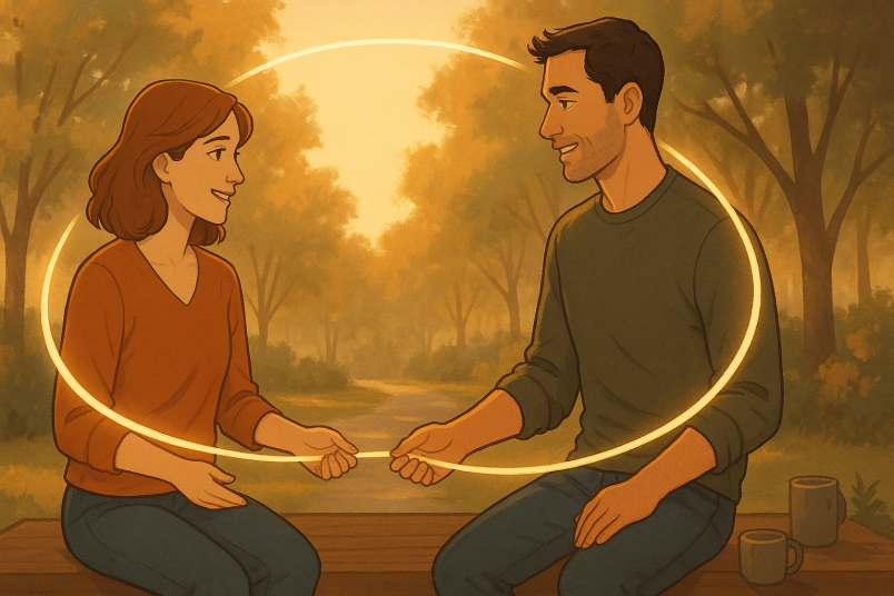 Couple holding thread that binds them together