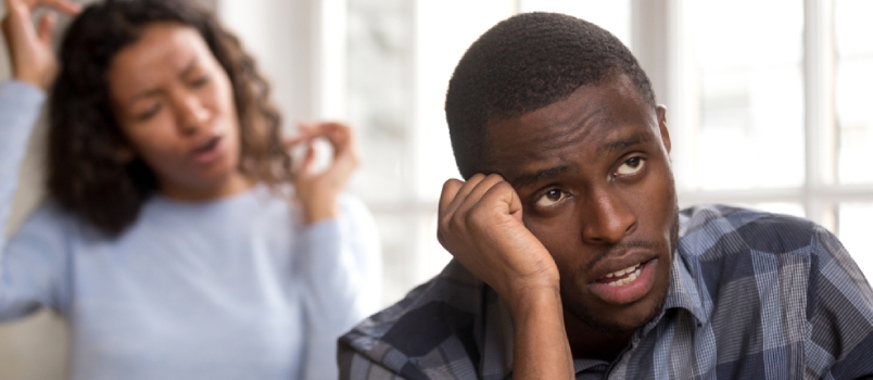 Annoyed African American Husband Tired of Wife Lecture or Argue, Depressed Black Man Bothered of Woman Blaming Him Fighting at Home