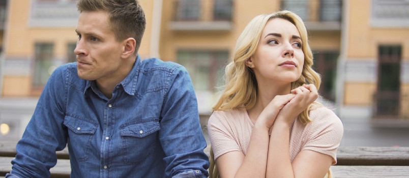 Couple Breaking Up, Upset Man and Crying Woman Sitting on Bench, Divorce