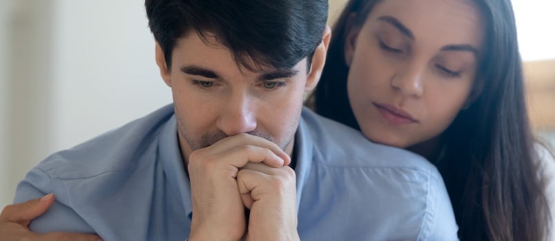 Head Shot Compassionate Young Woman Giving Psychological Support Help to Thoughtful Stressed Beloved Man in Hard Life Situation