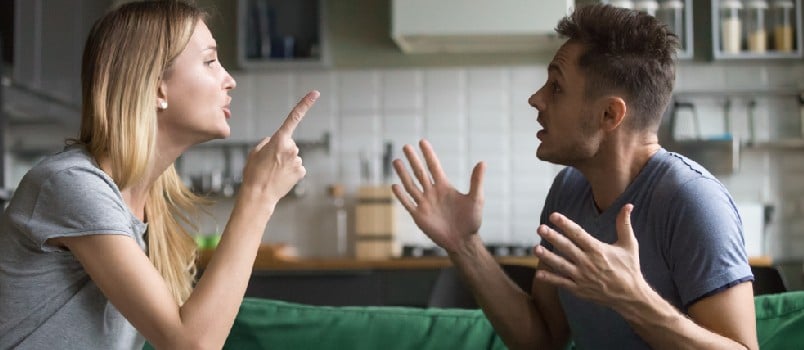 Angry millennial couple arguing shouting blaming each other of problem, frustrated husband and annoyed wife quarreling about bad marriage relationships