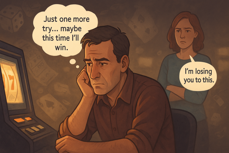 man gambling, woman is unhappy
