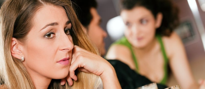 People in bar woman being abandoned and sad