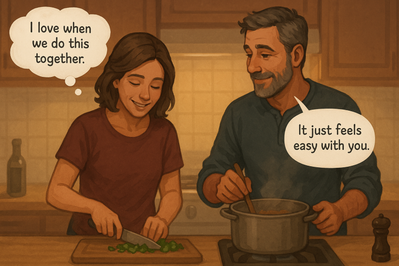 happily cooking together in a warm kitchen