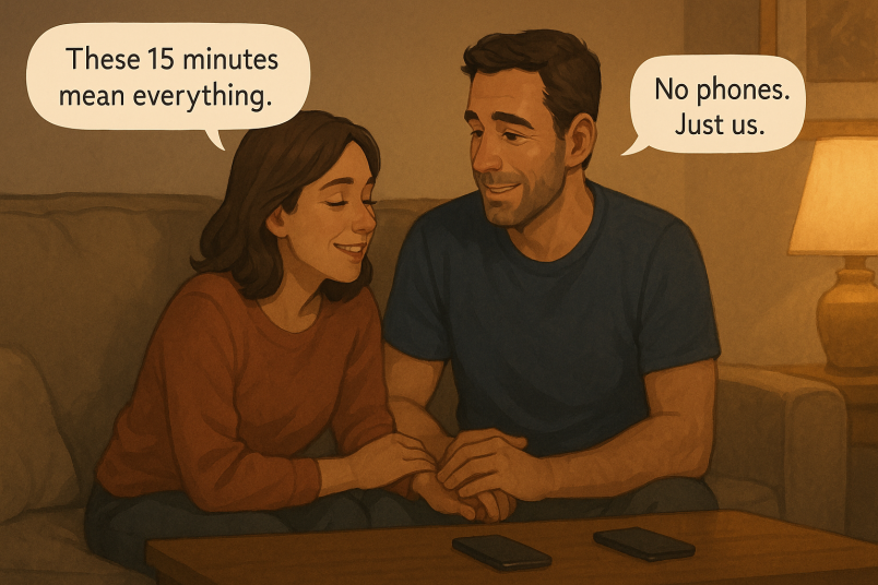 sitting on a couch holding hands