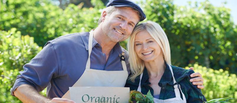 Mature farmer couple holding the basket of fruit and vegetables