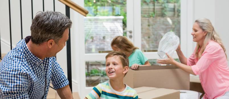 Parents and kids unboxing cartoon box
