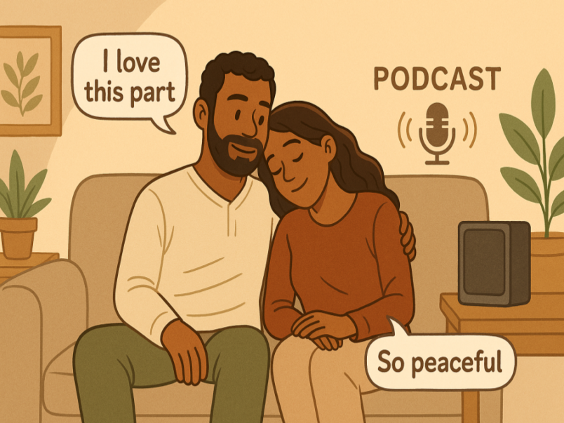 Couple listening to podcast