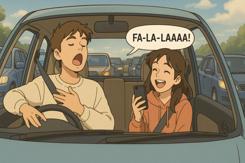 Couple singing in the car