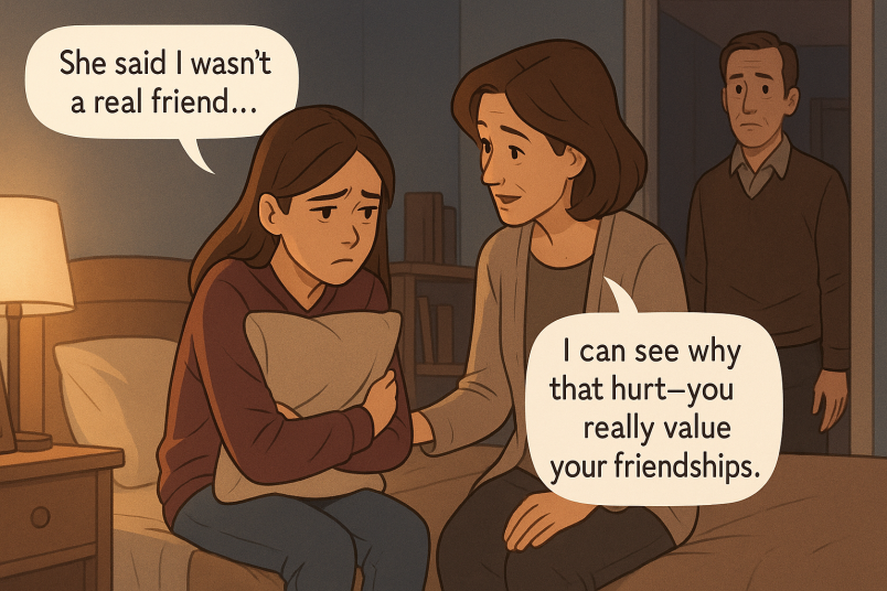 Girl is upset, her mother helping