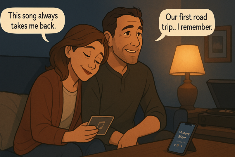 Couple listening nostalgically