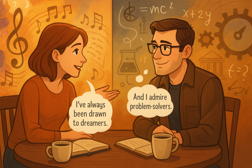 Couple surrounded by murals showing creative and analytical intelligence.