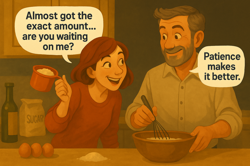 Couple trying to make cake