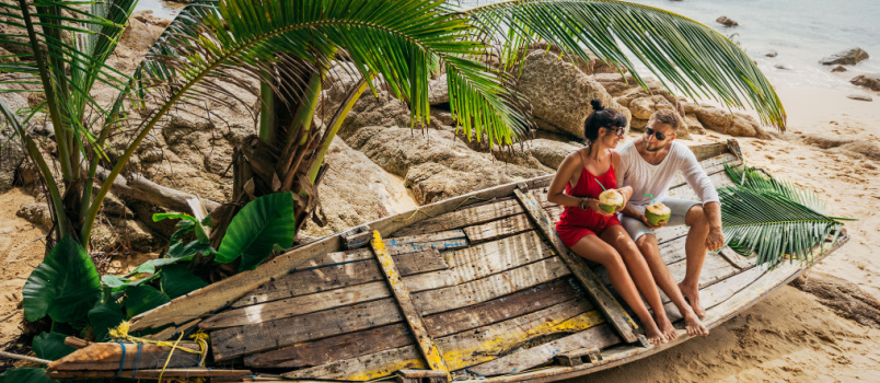 Wedding couple having fun on honeymoon