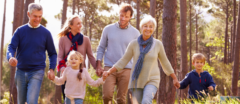 happy multigeneration family walking countryside