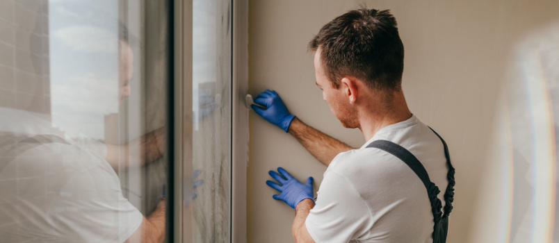 Young man filling sealing crack