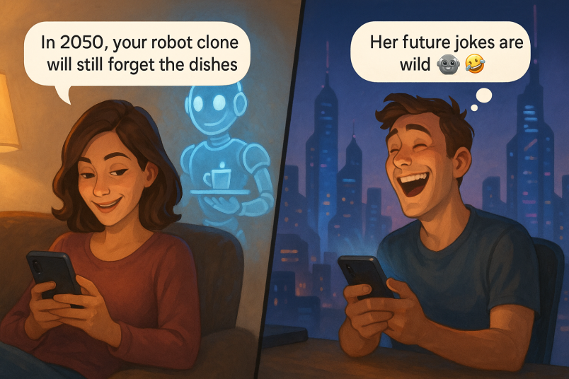 Woman sharing future joke