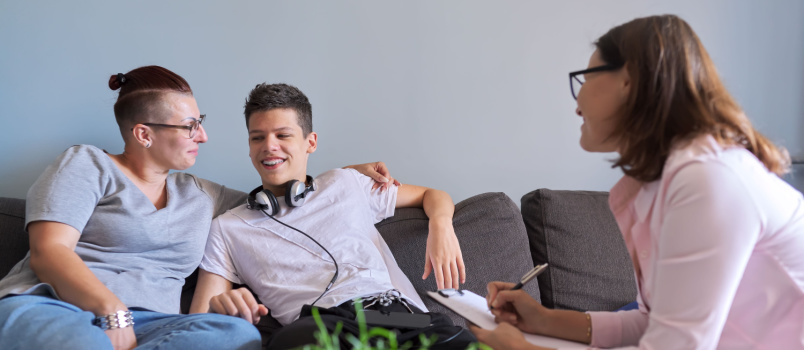 Mother teenager son meeting social