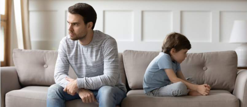 Unhappy young man and children