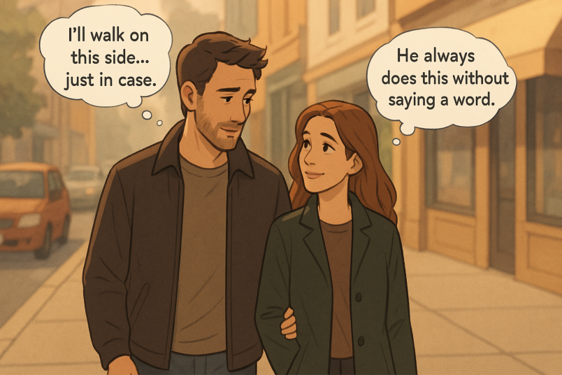 Couple walking protectively