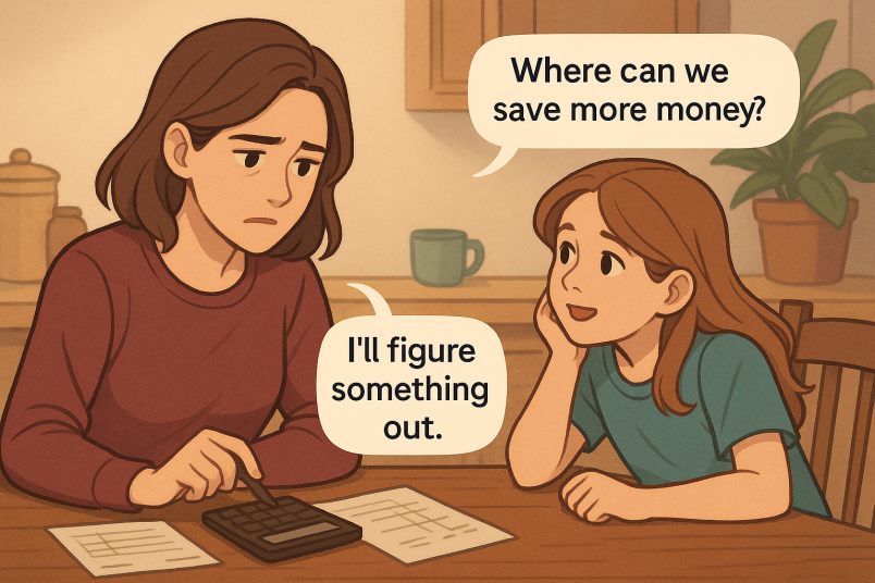 Mother budgeting with son holding piggy bank