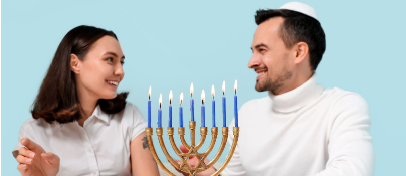 Loving couple sitting on table