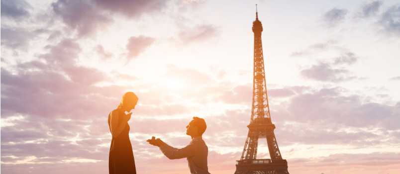 Man proposing woman under eiffel tower